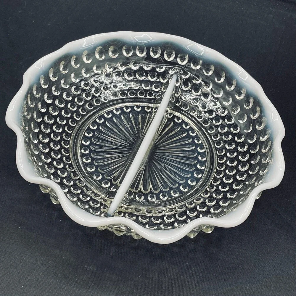 Vintage 2 Section Hobnail Opalescent Moonstone Ruffle Dish Fenton Anchor Hocking